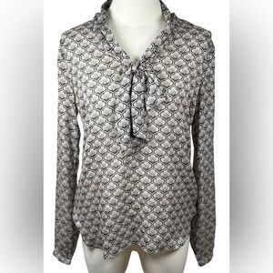 Ann Taylor LOFT Geometric Print Tie Front Blouse in Black & Cream Size XS